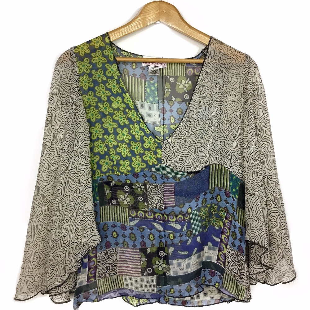 Millenium Sheer Patchwork Print Boho Festival Top - image 1